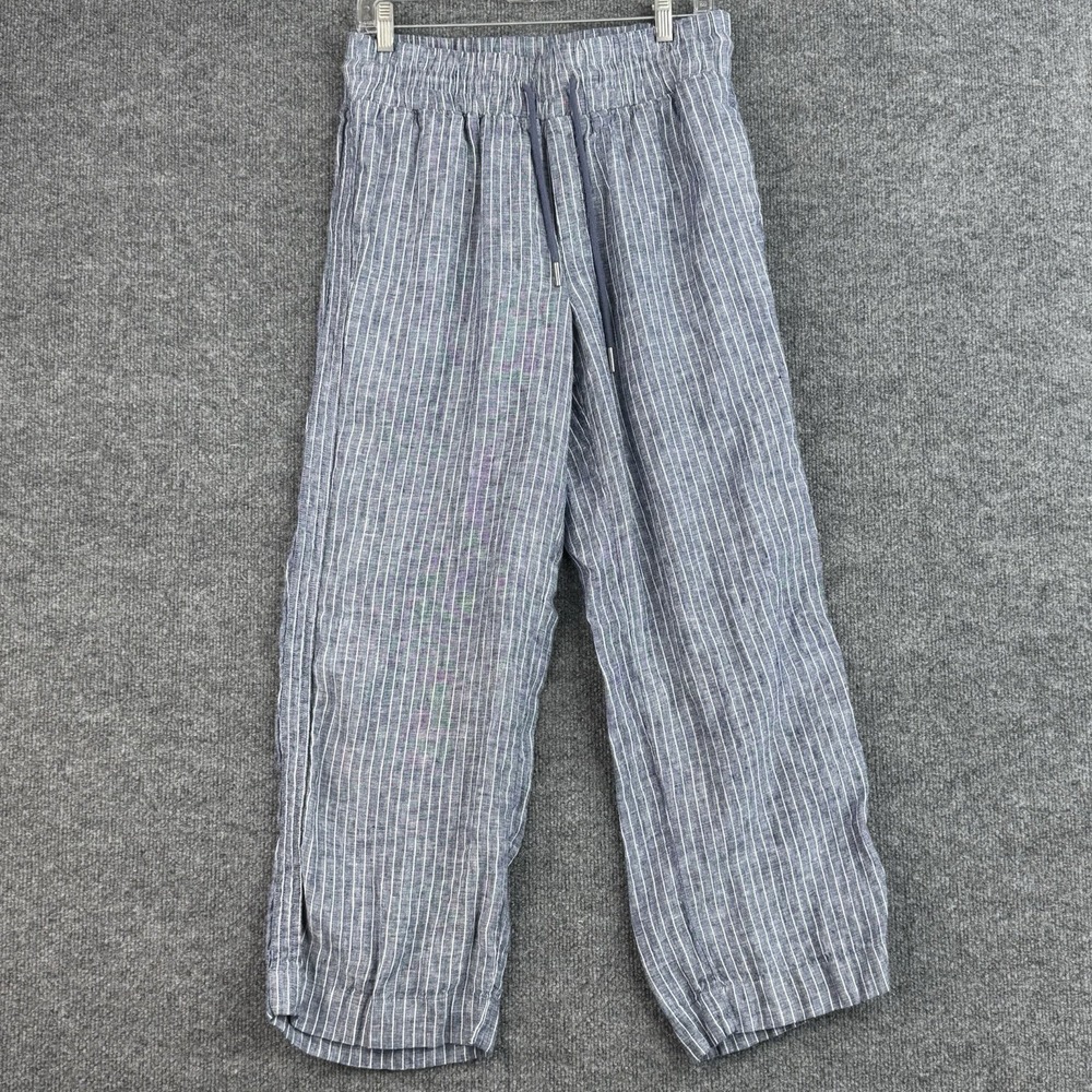 Quince Linen Pants Womens M Blue Pinstripe Wide Straight Relax Vacation Travel